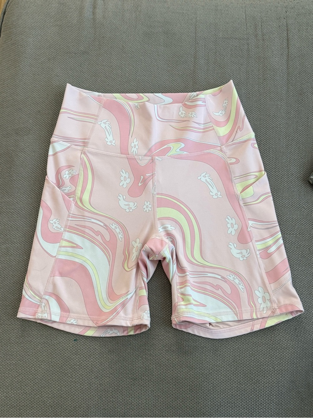 Fabletics Pink Swirl Print High-Rise Bike Shorts- Small